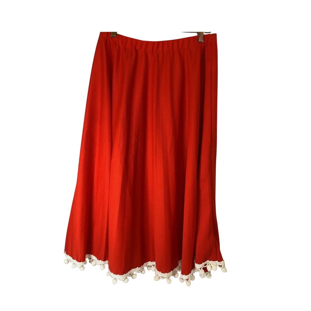 Red Midi Skirt White Pom-Pom Trim 1960s Mid Length Vintage Size 16 / Medium - Picture 2 of 9
